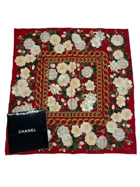 Chanel Scarf Silk Camellia Logo Red